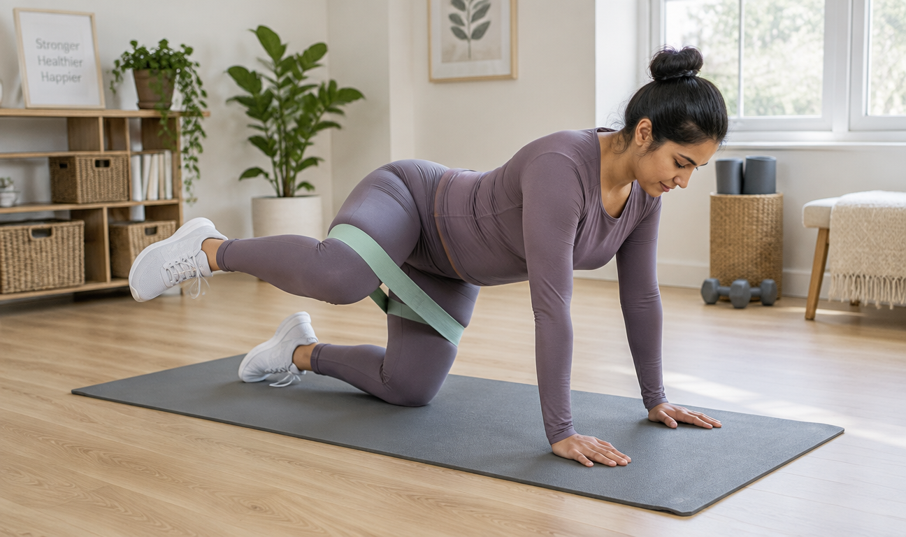 A mother demonstrating a progressive resistance-band core exercise