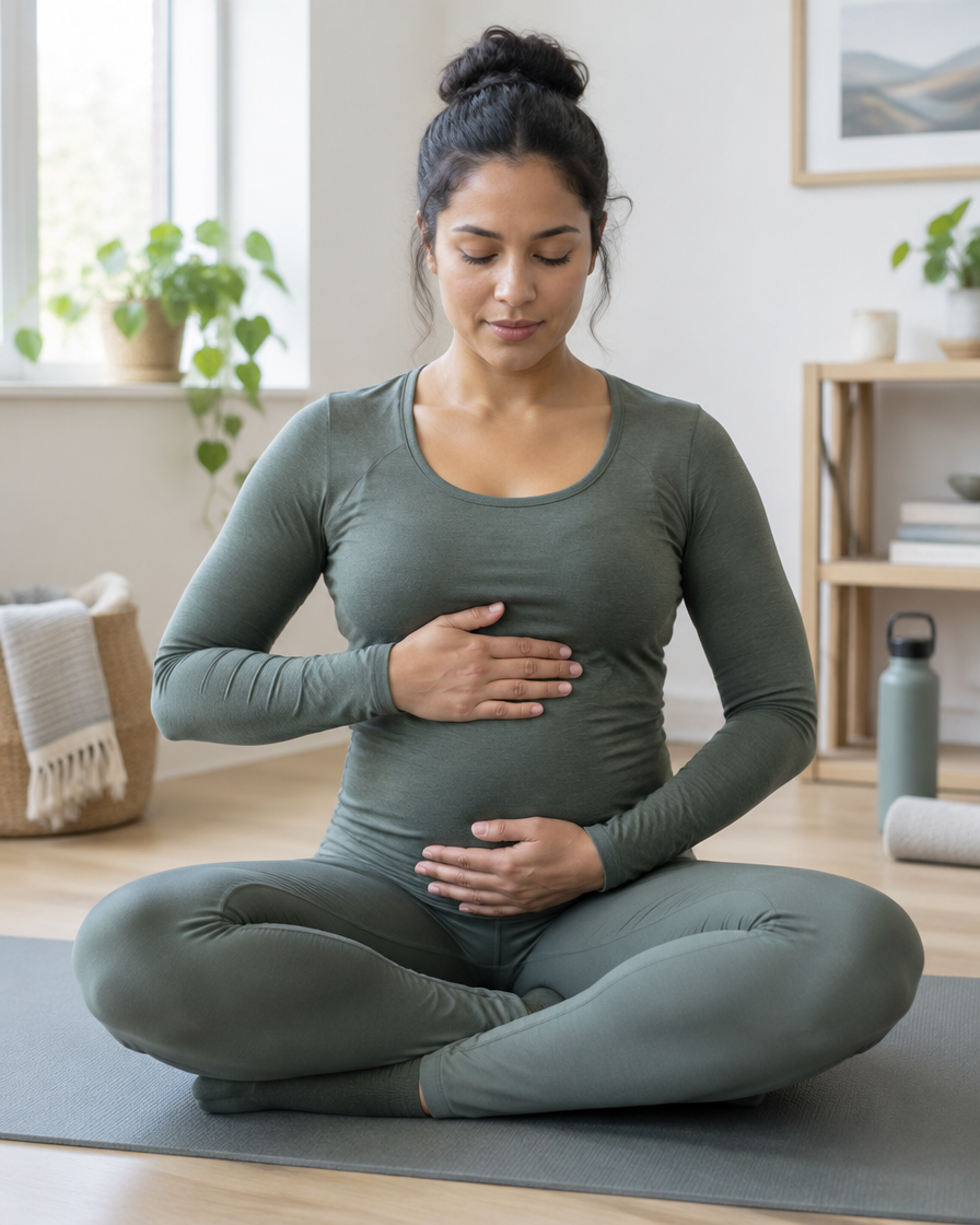A mother demonstrating a breathing and pelvic floor coordination cue